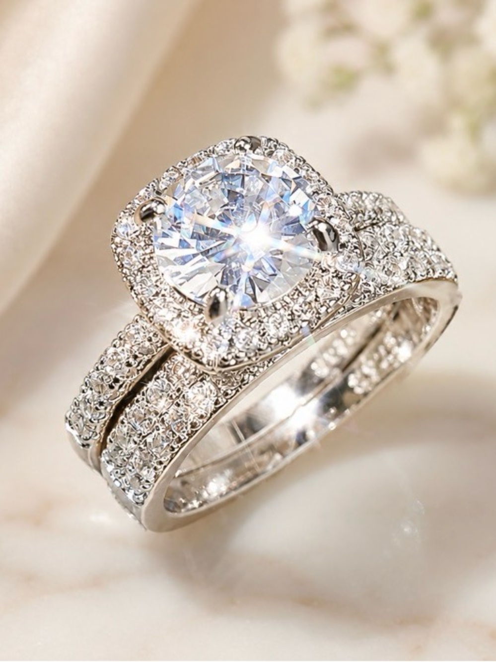 Cushion Halo Fashion Ring | Sparkly Statement Ring | White Gold Plated Alloy